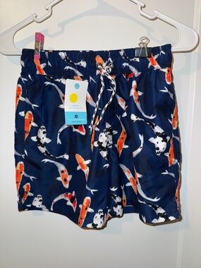 Koi Print Swim Shorts - Navy with Orange & White